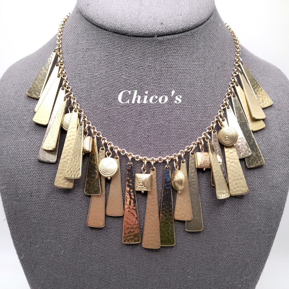 Chico's Gold Metal Fringe Necklace, Swirled Charm Accents, 18 1/2"